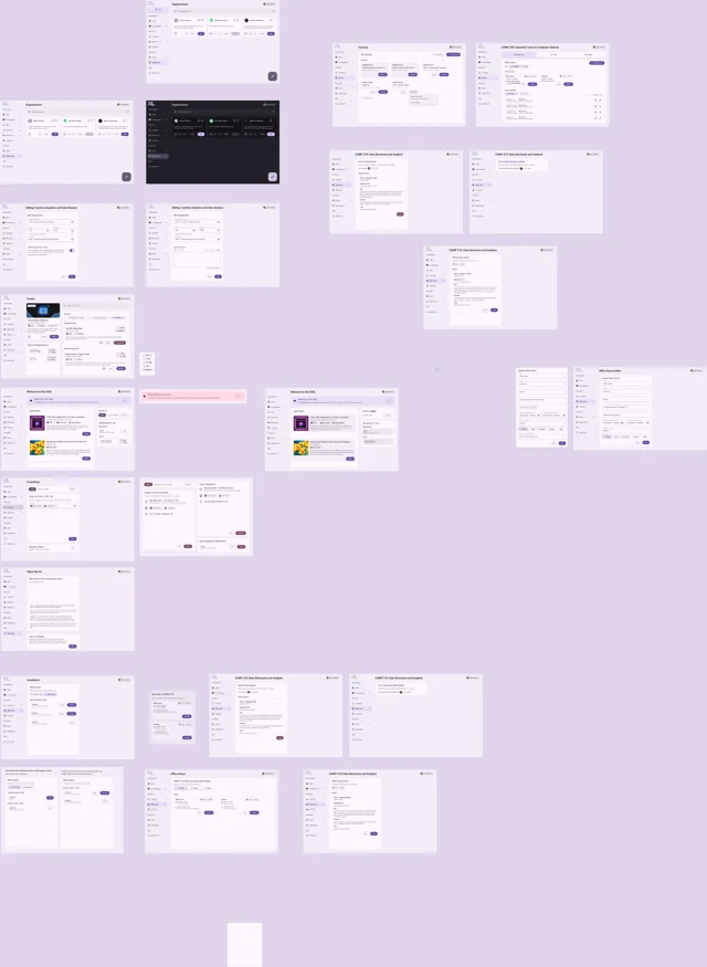 A shared Figma canvas collects connected designs for organizations, courses, office hours, coworking, and welcome pages.