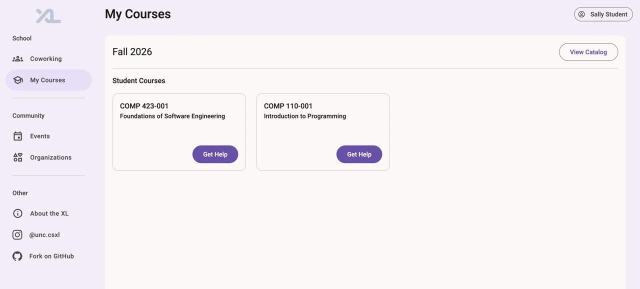My Courses organizes course cards by term and gives each course a Get Help action.