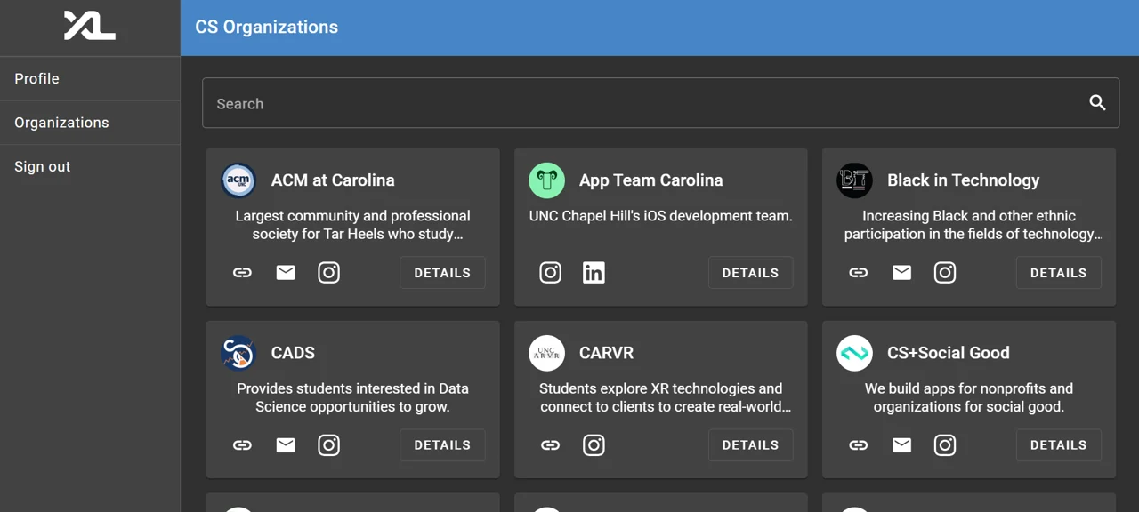 The early CS Organizations page uses searchable cards for UNC computer science student groups.