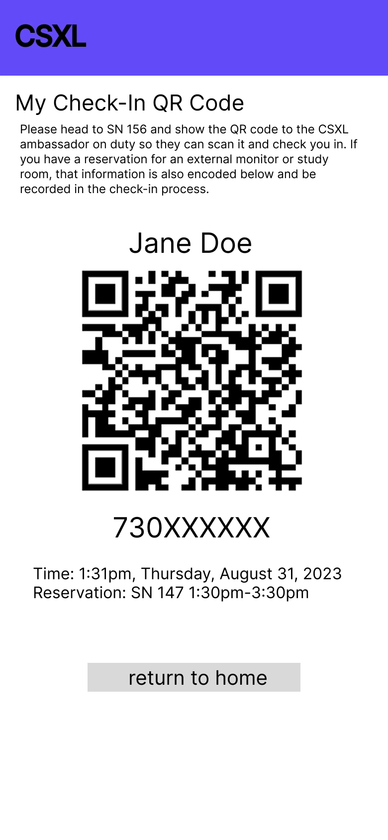 Katherine’s check-in proposal shows a sample personal QR code and instructions to visit the ambassador.