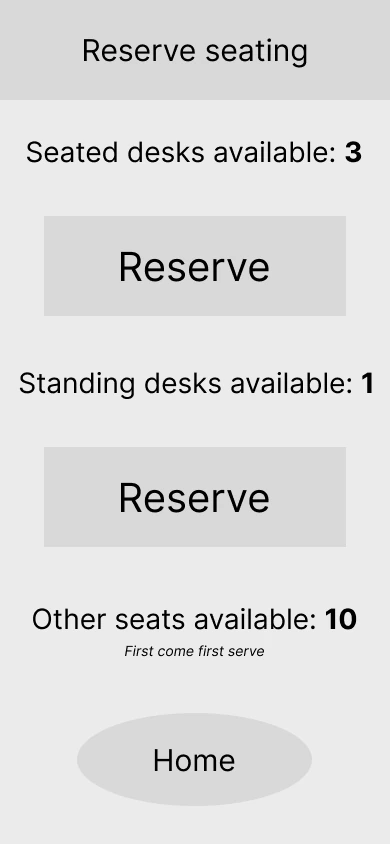 Keon Marcus’s reservation screen presents counts for seated desks, standing desks, and other seats.
