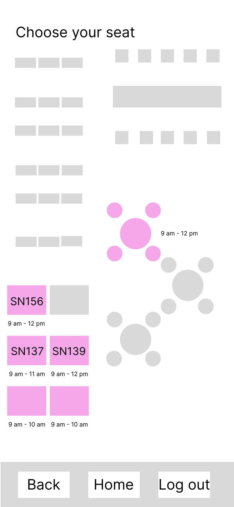 Sanaa Dalvi’s seat-selection map includes desks, round tables, named rooms, and pink availability highlights.
