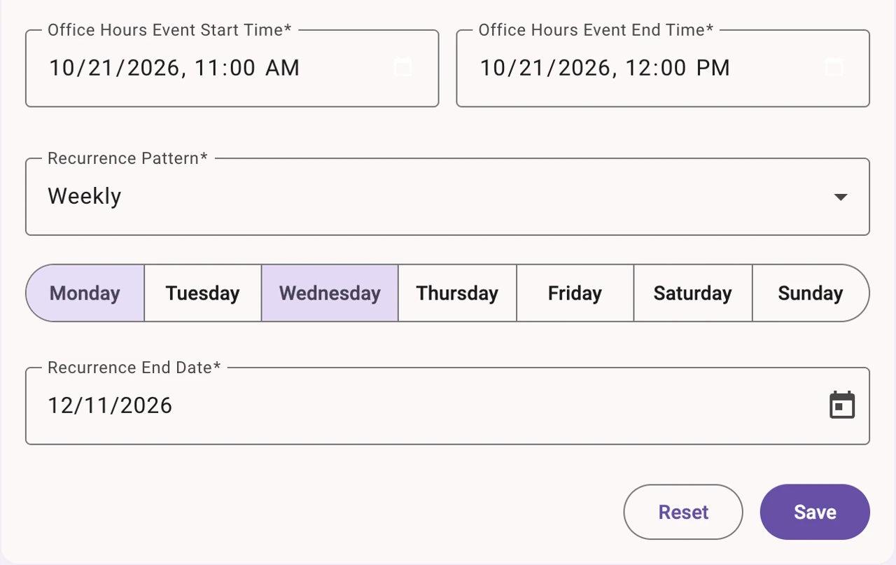 The office hours editor selects a weekly pattern on Monday and Wednesday, with an end date for the series.