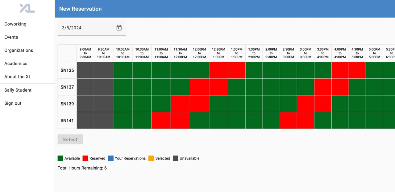 The first room reservation release presents rooms as rows and half-hour time slots as colored columns.