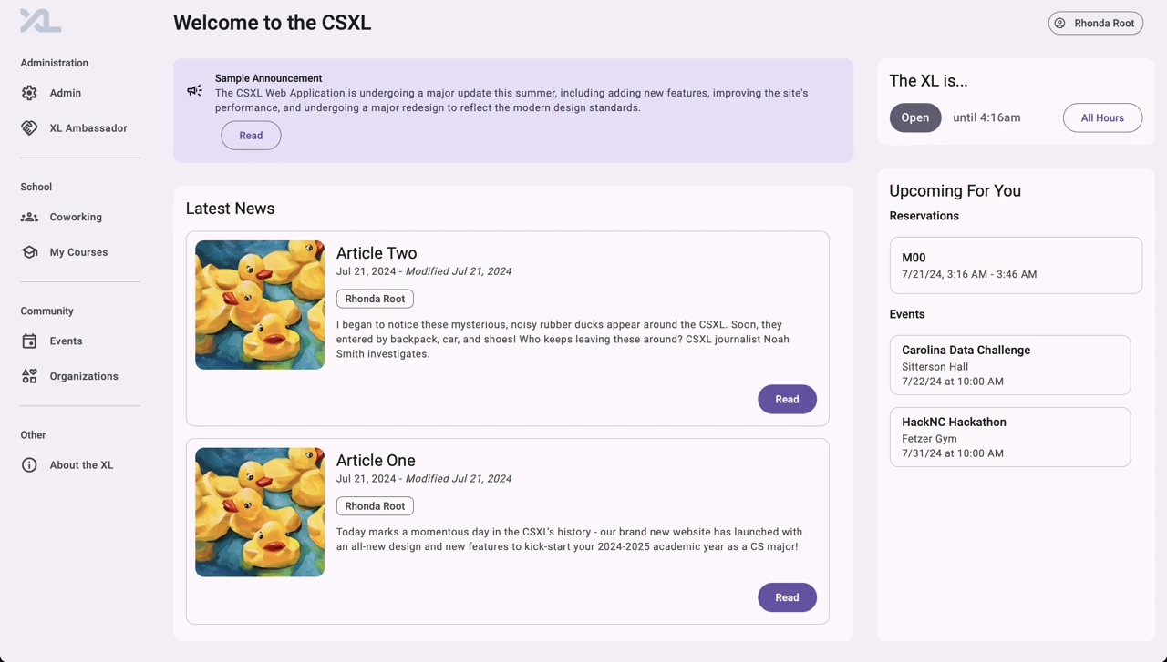 The student-built CSXL application with news, opening hours, reservations, and events
