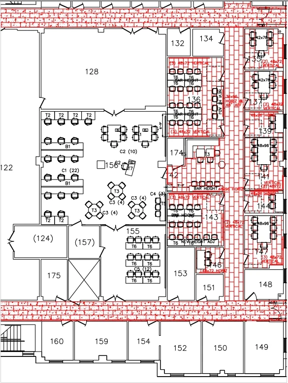 Cropped carpet installation plan showing red tile patterns in the XL hallway and surrounding corridors, while rooms 155 and 156 remain unpatterned