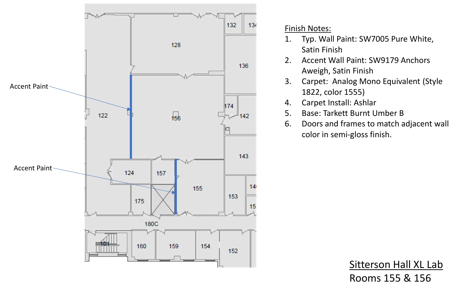 Finish plan locating navy accent walls and listing the paint, carpet and base finishes