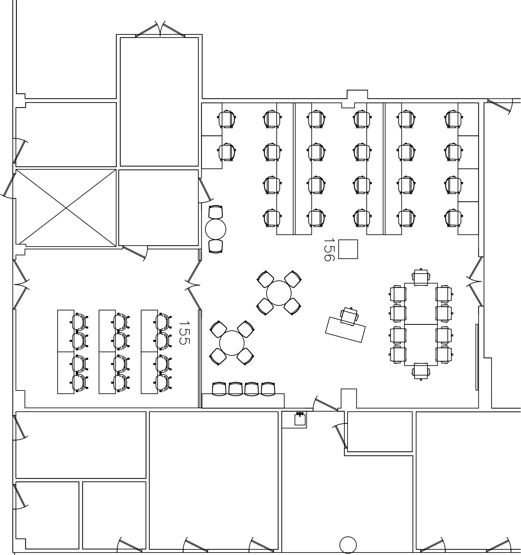 Proposed furniture plan for rooms 155 and 156, showing shared benches, rounds and project tables