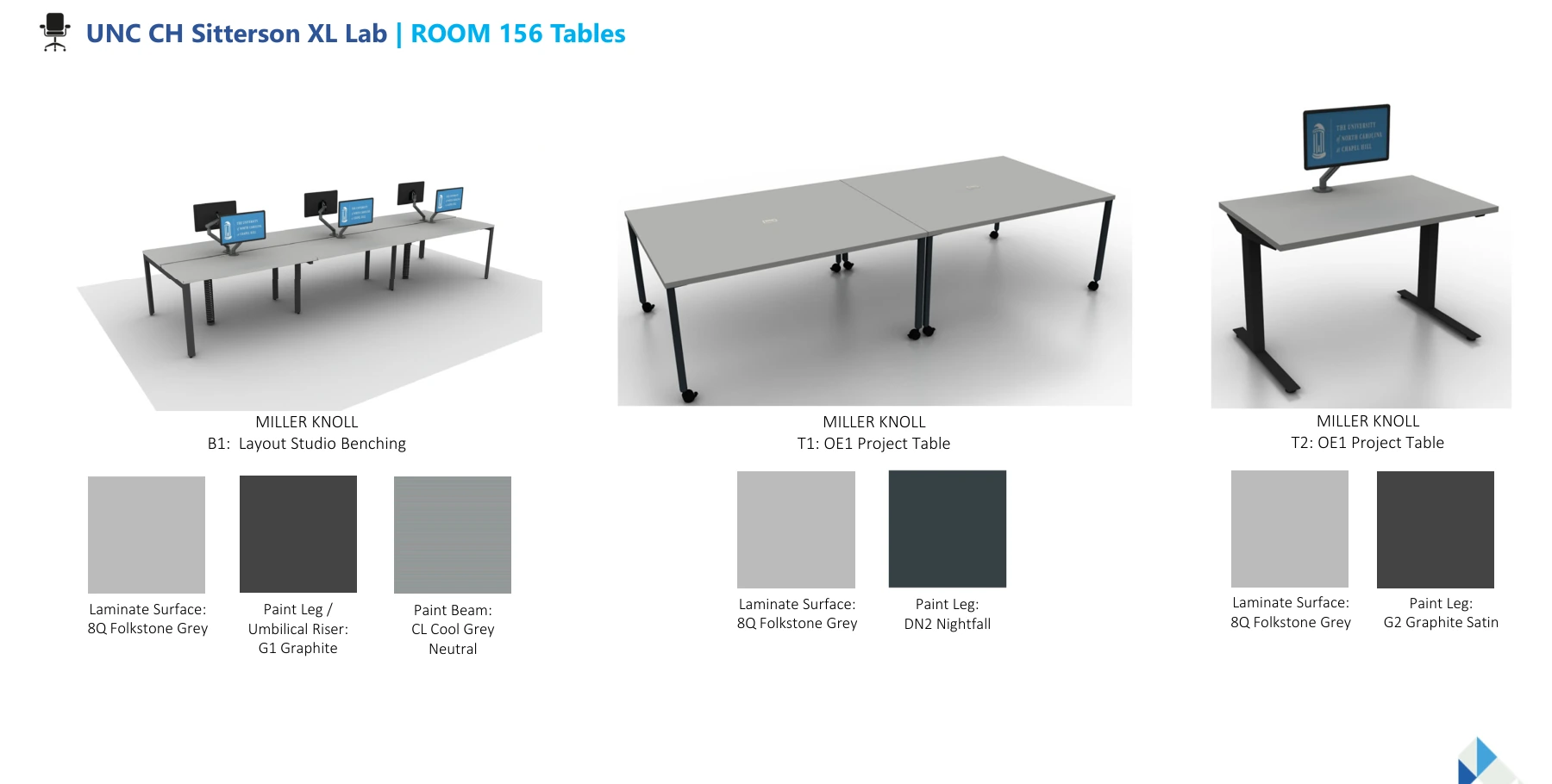 February furniture sheet with gray worktops and dark bench, project-table and desk bases