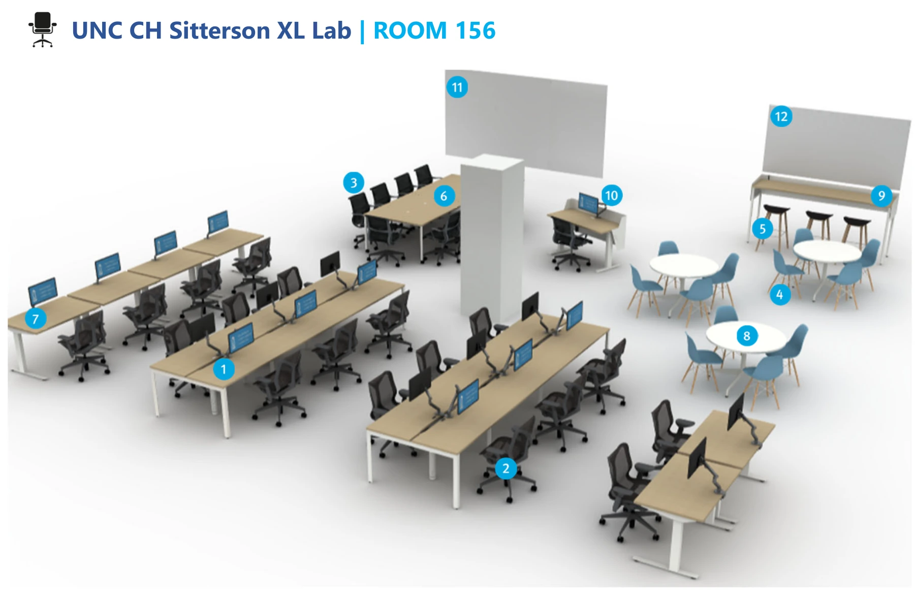 Vendor rendering of SN156 with shared monitor benches, round tables, standing desks and a communal counter