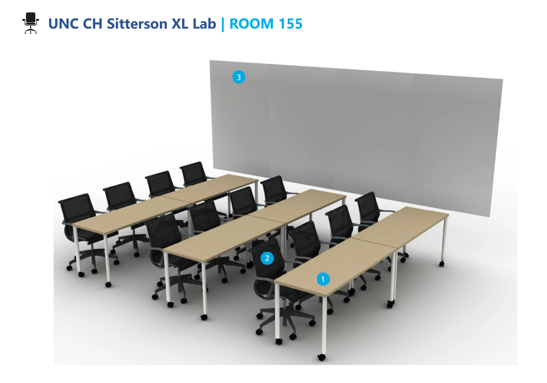 Vendor rendering of SN155 with three rows of mobile tables, Setu chairs and writing surfaces