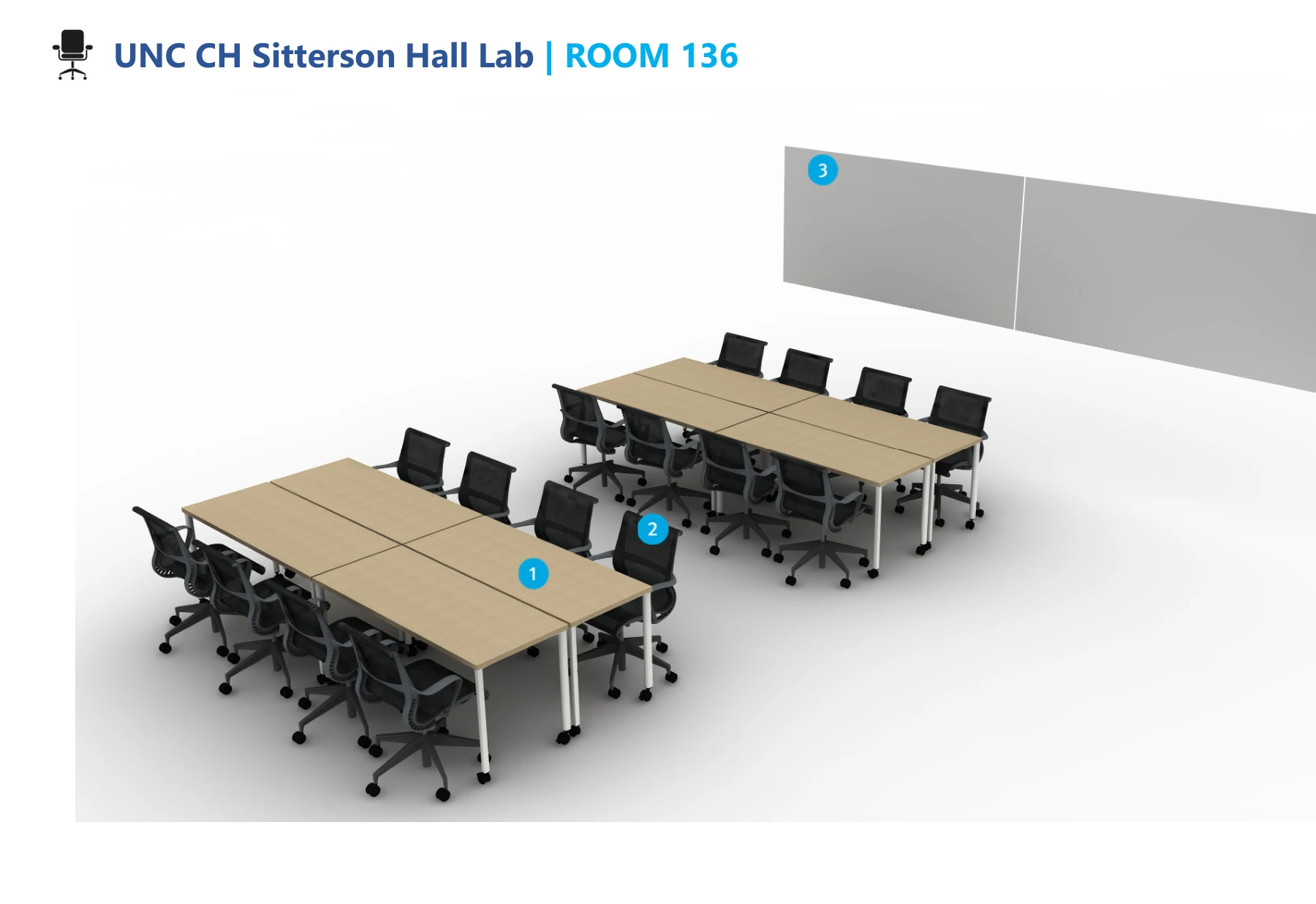 July SN136 rendering with two groups of seated-height tables and rolling chairs