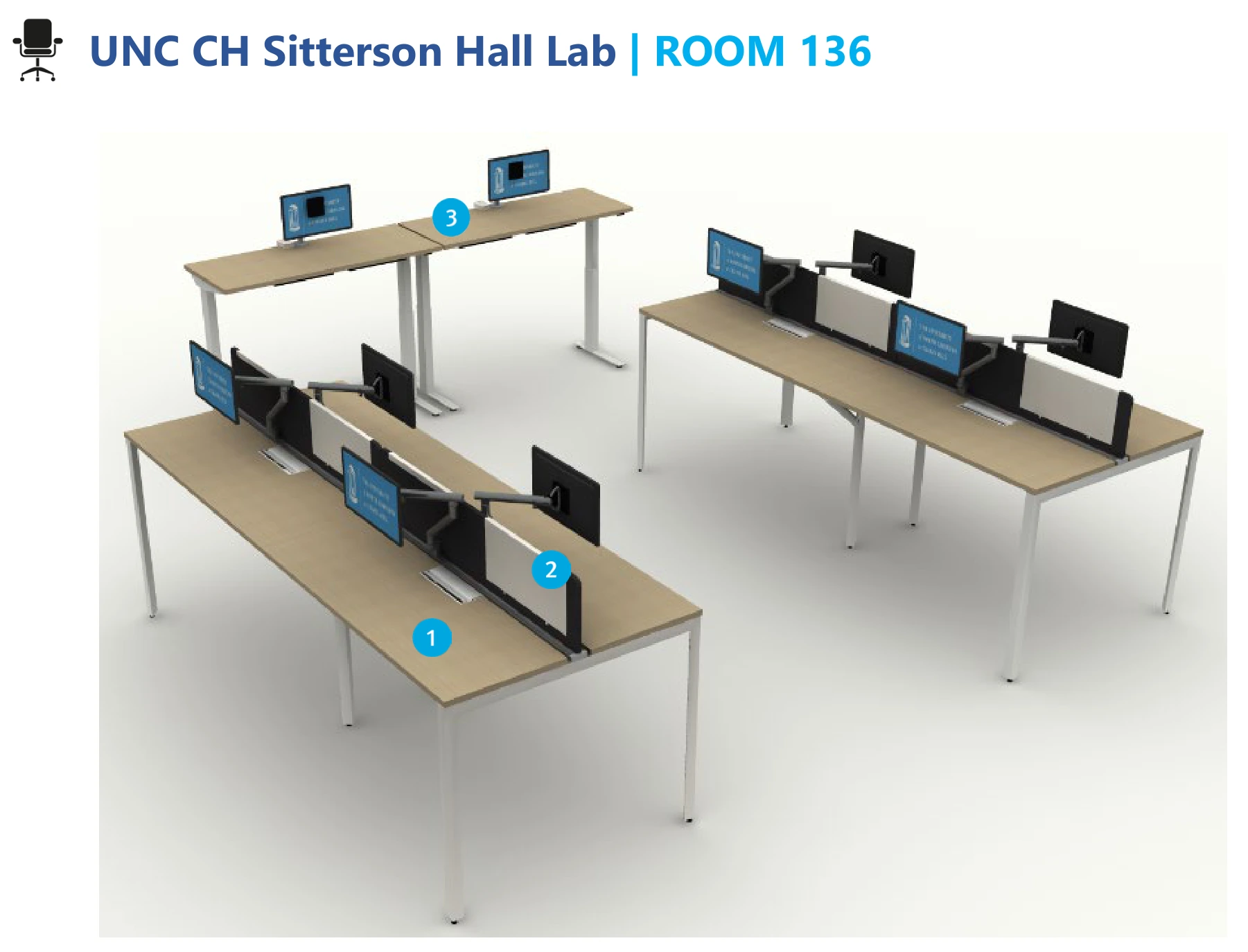 January SN136 rendering with standing project tables, fabric dividers, writing panels and monitor arms