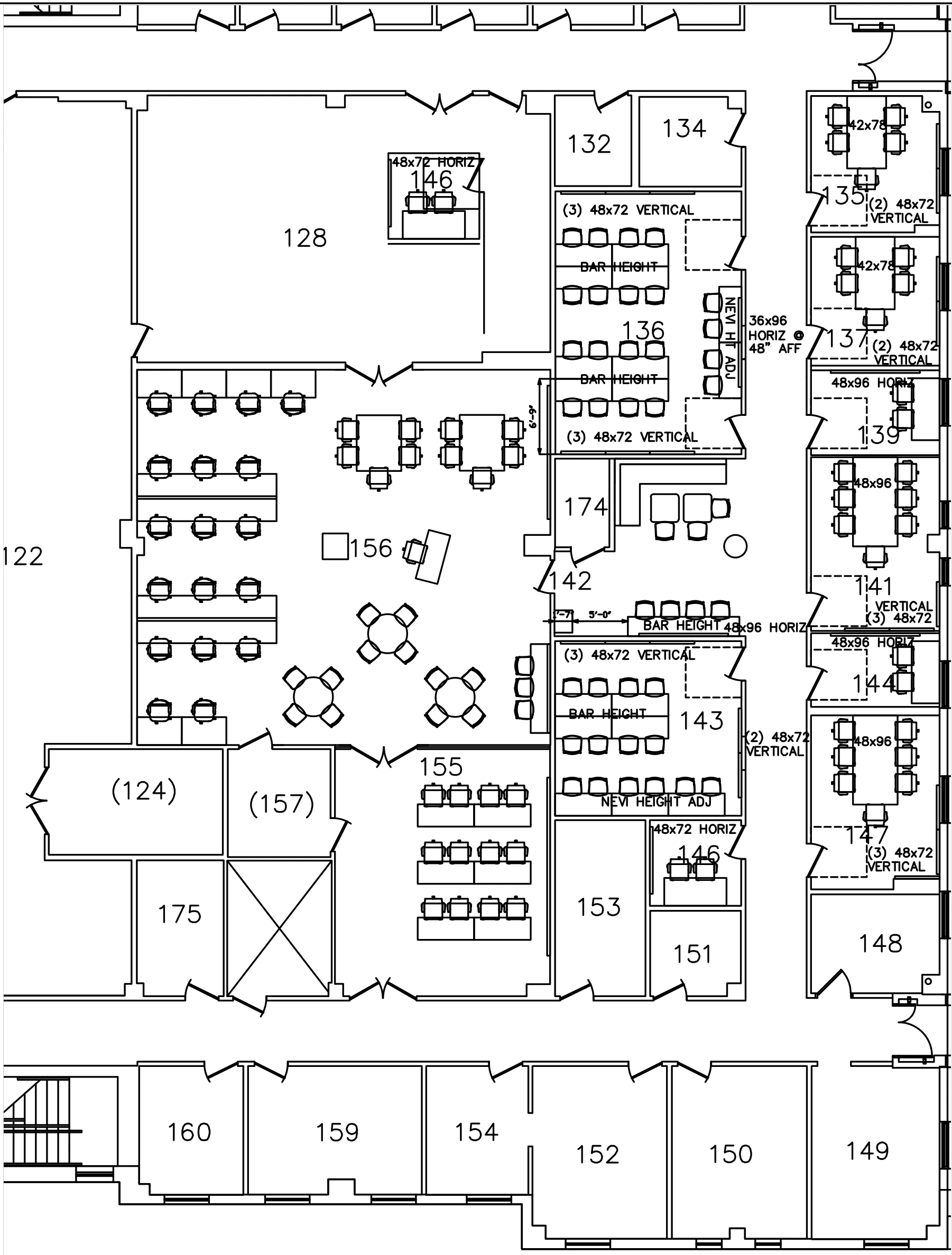 Architectural plan of the Sitterson hallway with furniture layouts and writing-surface dimensions across rooms 135 through 147 and the existing Co-Lab