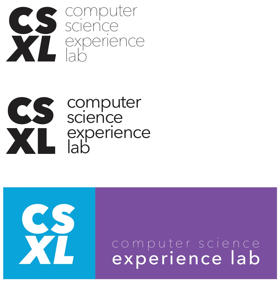 Three early CSXL typography studies with stacked CS XL letters and the words computer science experience lab