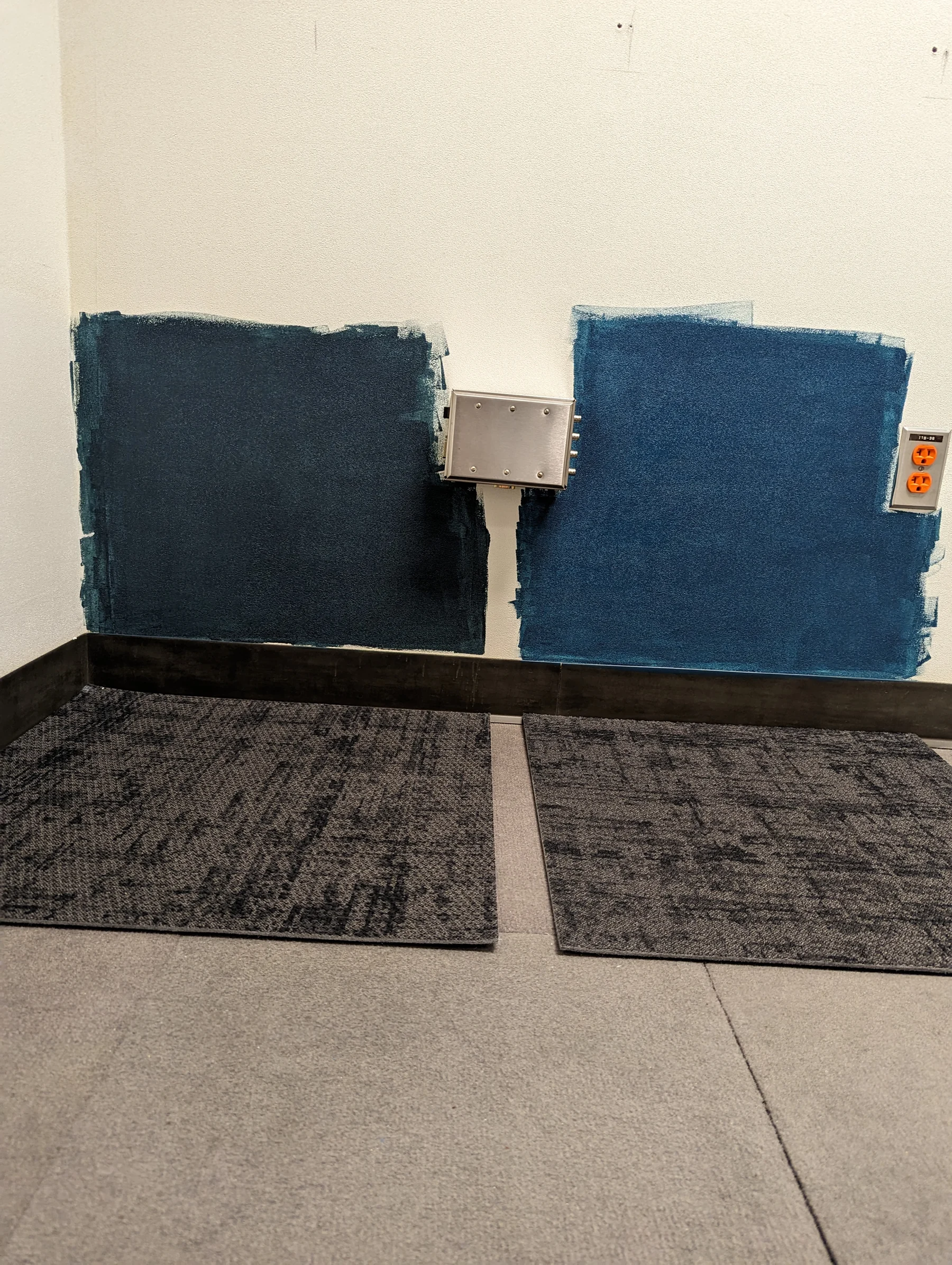 Two navy paint swatches and two carpet samples tested together in December 2022.