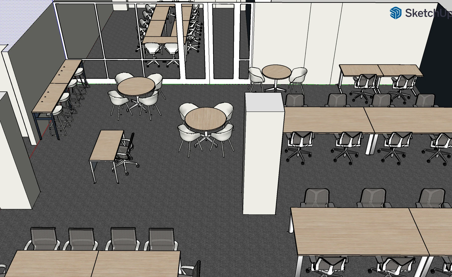 Overview of the February alternative with three low round tables, an edge counter, welcome desk and workstation rows.