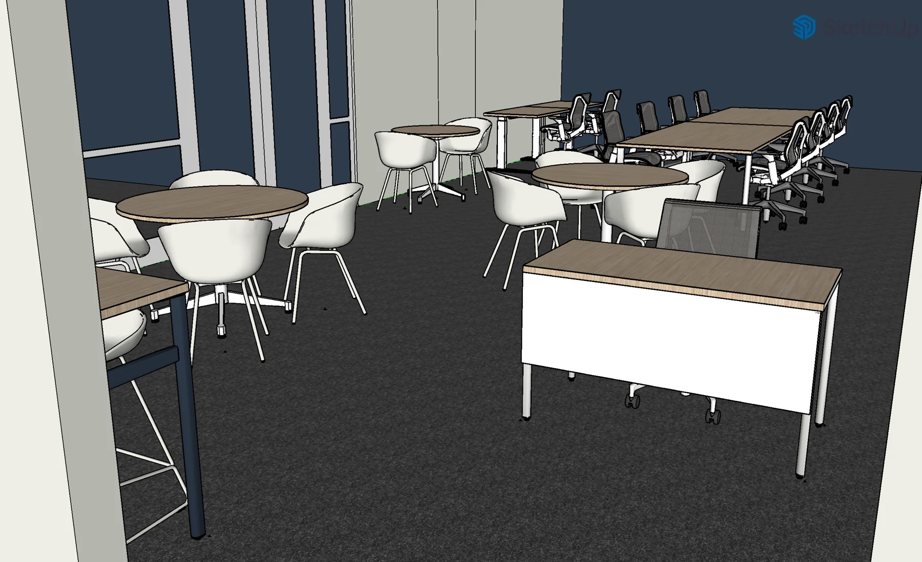 February 12 model showing low white armchairs at round tables, a white welcome desk and a counter by the wall.