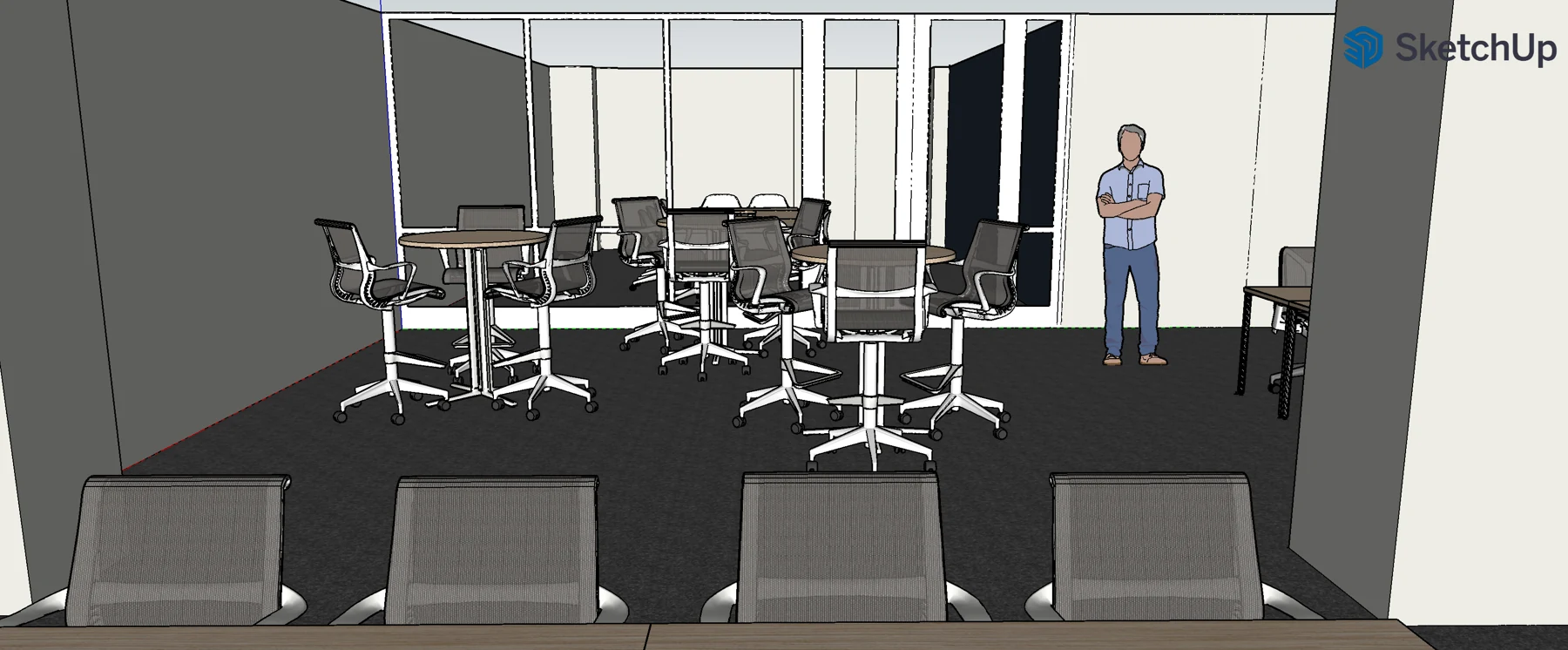 February 12 model showing tall Setu stools around round tables beside the glass partition.
