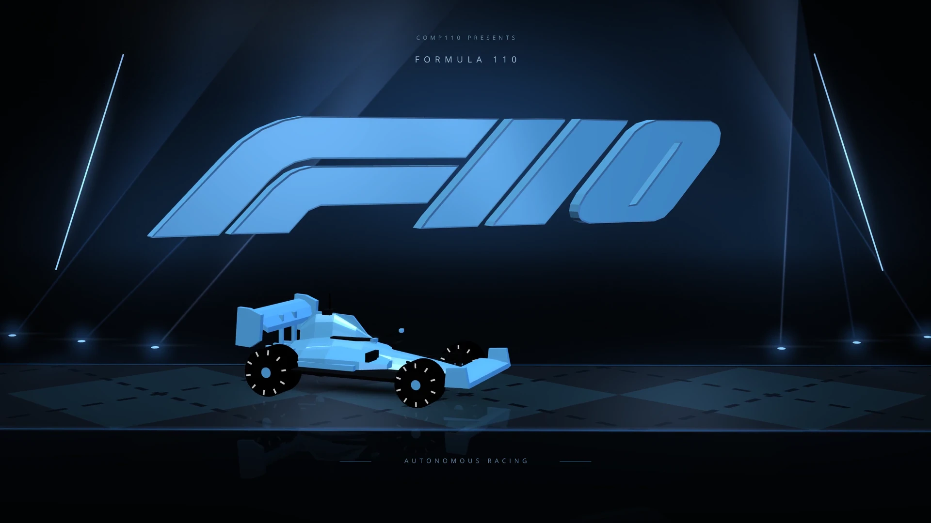 Formula110 autonomous racing: a blue race car beneath the F110 emblem